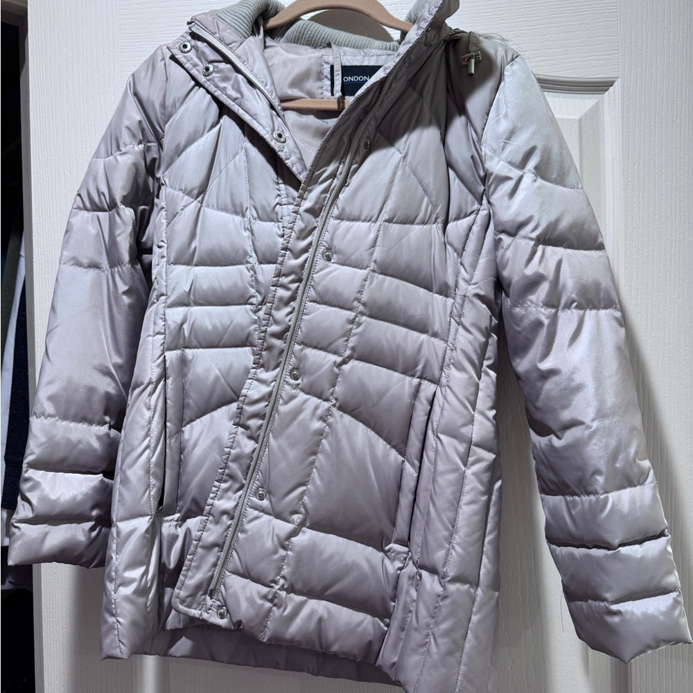 London Fog Light Silver Quilted Puffer Coat